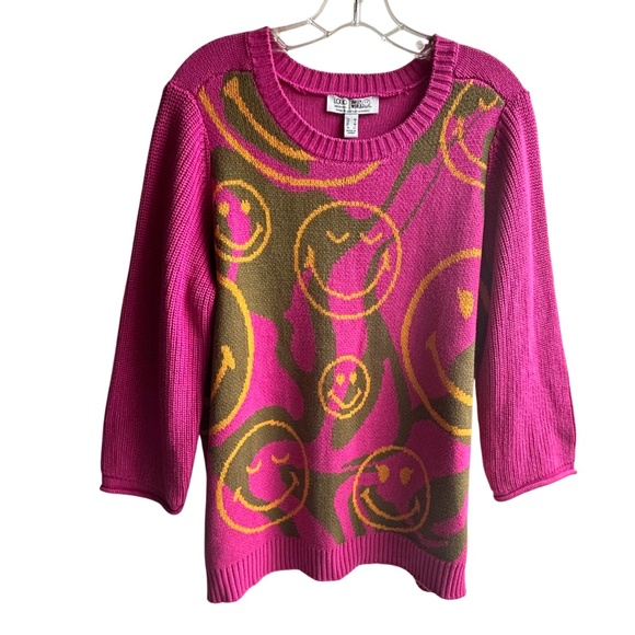 NWOT LOGO Lori Goldstein Smiley World Crew Neck Sweater M - Picture 1 of 6